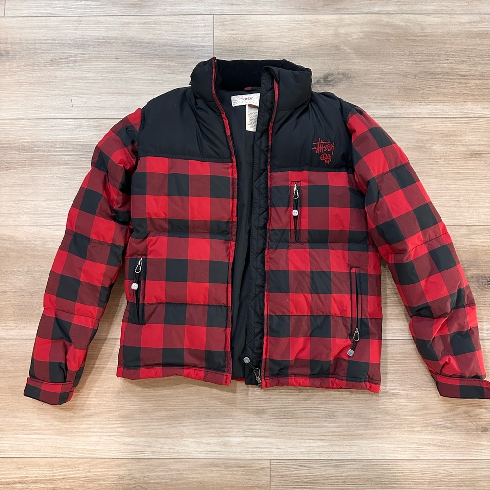 Stussy Red and Black Plaid Puffer Jacket